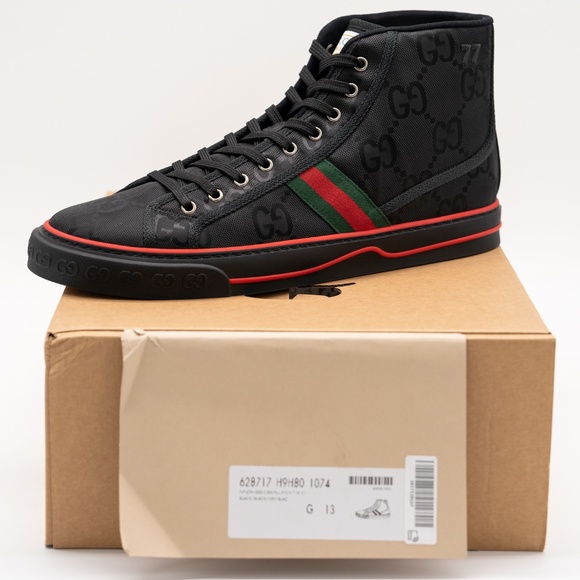 size 13G 13.5 US Gucci Tennis High Black Canvas Jumbo GG Sneakers Web - Picture 11 of 12